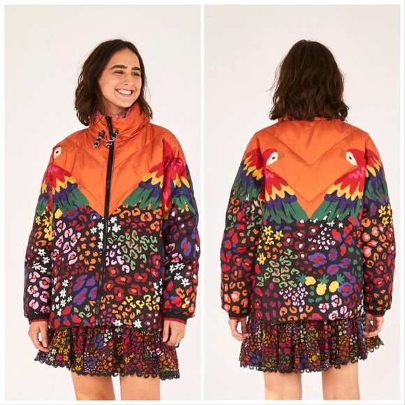FARM Rio Mixed Macaw Faux-Shearling Reversible Puffer Jacket Rainbow Stripe Coat - Picture 3 of 16